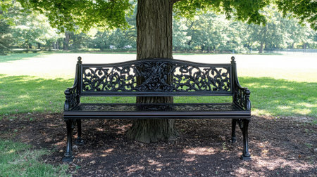 A beautiful black bench rests under a lush green tree, creating a peaceful outdoor space ideal for relaxation and enjoying nature in the park.の素材