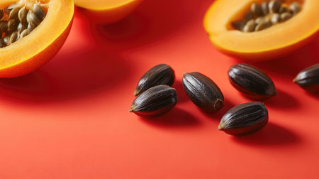 Close-up of vibrant papaya seeds resting on a bright orange surface. The vibrant colors and textures highlight the natural beauty of tropical fruits, perfect for culinary and health-themed compositions.の素材