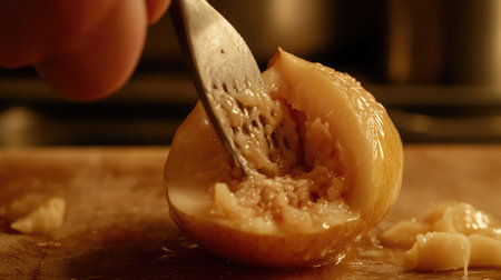 This close-up image captures the process of grating a fresh pear in a cozy kitchen setting, highlighting the textures and vibrant essence of the fruit.の素材
