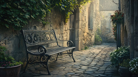 A peaceful stone alley featuring a decorative bench surrounded by blooming flowers. Sunlight filters through greenery, creating a tranquil atmosphere.の素材