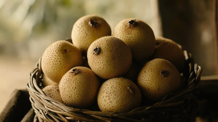 A basket filled with freshly harvested loquat fruits, showcasing their unique texture and inviting appearance. Perfect for nature and food photography.の素材