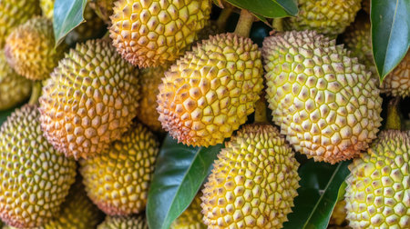 A close-up view of fresh durian fruits growing on a tree. The vibrant and spiky exterior showcases the unique texture and colors of this exotic tropical fruit.の素材