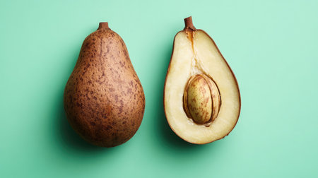 A fresh avocado showcasing its smooth exterior and creamy interior against a vibrant green background, perfect for highlighting health and nutrition.の素材
