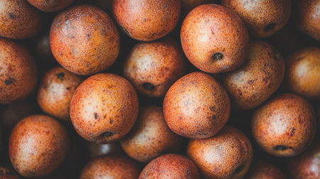 A close-up view of fresh brown fruits arranged naturally. This rustic display showcases the texture and color variations, perfect for food-related themes.の素材