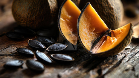 Discover a rustic arrangement of sliced fruit showcasing rich colors and seeds, perfect for highlighting natural flavors and healthy cuisine.の素材