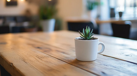 A small succulent plant sits in a white mug on a rustic wooden table, offering a touch of nature to modern interior decor. A serene and cozy atmosphere.の素材