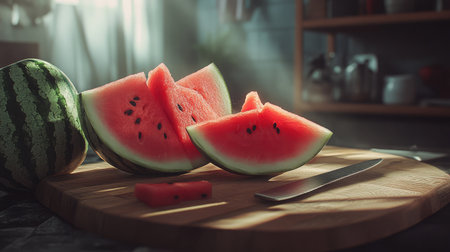 Close-up of fresh watermelon slices arranged on a wooden cutting board in a kitchen setting. Perfect for summer recipes, healthy eating, and vibrant food photography.の素材