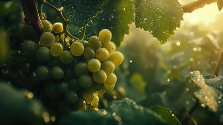 Close-up of fresh green grapes glistening with morning dew in a lush vineyard, showcasing nature's beauty and the essence of agricultural harvest.の素材
