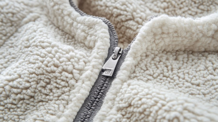 Close-up image of a soft fleece jacket featuring a sturdy zipper. The cozy fabric offers warmth and comfort, ideal for winter wear and outdoor activities.の素材