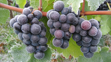 Frost-covered grapes hang from a vine, showcasing nature's beauty in the morning light. This image captures fresh fruit in a rural vineyard setting.の素材