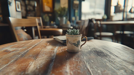 A cozy cafe scene featuring a wooden table with a succulent in a decorative cup. Bright interior creates an inviting atmosphere for relaxation.の素材
