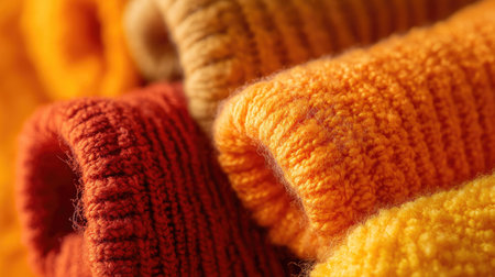 Close-up view of cozy rolled knitted fabrics in warm tones including orange, yellow, and red, perfect for autumn aesthetics and home decor inspiration.の素材
