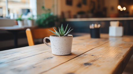 A serene view of a small potted plant resting on a wooden table in a cozy cafe setting. The plant adds a natural touch to the inviting interior space.の素材