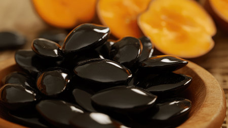 A close-up image of glossy black seeds arranged on a wooden plate beside juicy yellow fruit halves, showcasing organic food and vibrant texture.の素材