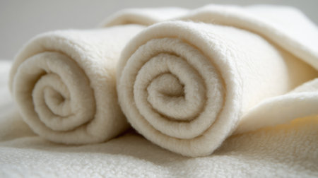 Two soft, rolled white towels placed on a light surface create a tranquil and cozy atmosphere, ideal for home, wellness, or spa settings.の素材