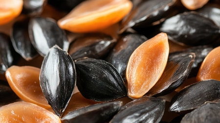 A vibrant close-up of pumpkin seeds showcasing their contrasting colors and textures. Perfect for illustrating healthy food or culinary themes.の素材