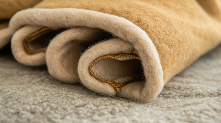 A close-up view of a soft beige wool blanket, elegantly folded for warmth and comfort. Ideal for enhancing cozy interiors or stylish bed designs.の素材