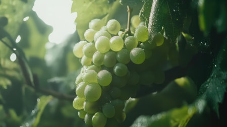 Lush cluster of fresh green grapes with dew drops glistening on the vine. This image captures the essence of natureの素材