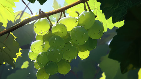 A vibrant close-up of fresh green grapes glistening with droplets, hanging from a vine in gentle sunlight. Perfect for nature and food themes.の素材