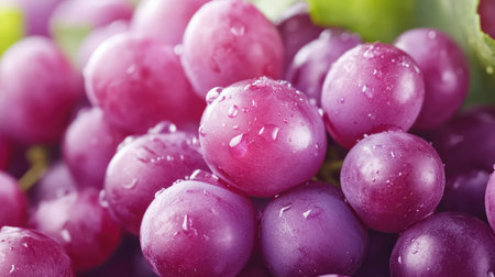 Close-up of fresh, juicy grapes with water droplets, showcasing their vibrant purple color and natural texture. Ideal for health and food concepts.の素材