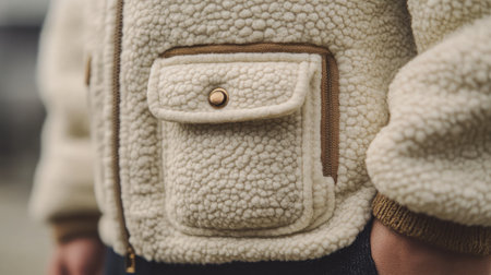 This close-up captures a soft fleece jacket featuring a pocket detail, perfect for autumn and winter outings. Ideal for casual or trendy looks.の素材