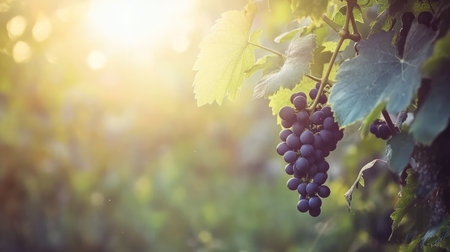 A serene image of ripe grapes hanging on the vine, illuminated by soft sunlight, showcasing the beauty of nature and the agricultural landscape.の素材