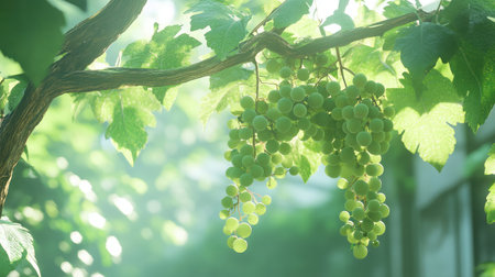Lush green grapes hanging on a vine, illuminated by soft sunlight. This serene image captures the beauty of nature and healthy living. Perfect for agricultural themes.の素材