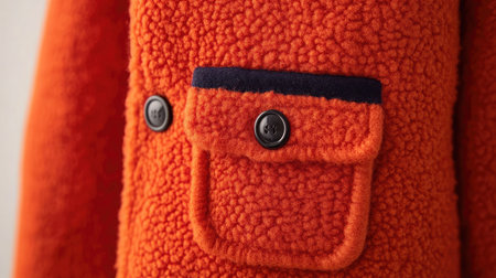 Close-up view of a cozy orange fleece jacket featuring a unique button detail and a small pocket, perfect for casual outings or cold weather wear.の素材