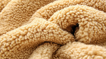 Close-up view of a soft, plush fabric in warm beige tones, showcasing its textured surface and inviting feel, perfect for cozy home decor or fashion projects.の素材