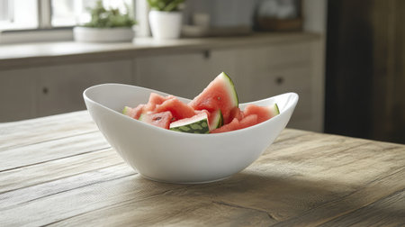 A fresh watermelon is showcased in a modern white bowl on a rustic wooden table, highlighting a healthy and vibrant summer snack perfect for any kitchen.の素材