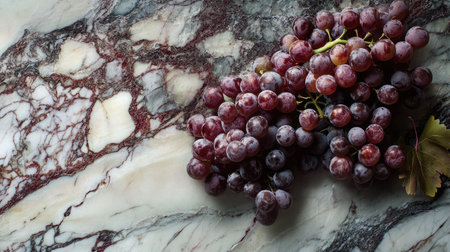 A close-up of fresh red grapes resting on an elegant marble surface, showcasing their vibrant color and natural texture, perfect for food styling or culinary use.の素材