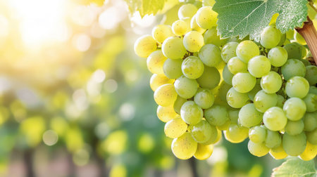 Lush green grapes hang on the vine, illuminated by gentle morning sunlight. Perfect for conveying freshness, health, and natural beauty in any project.の素材