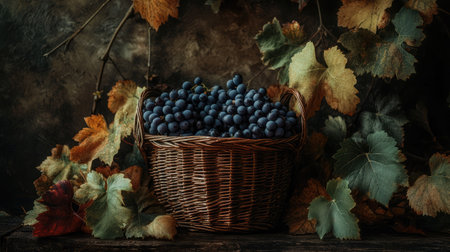 A rustic basket filled with fresh blue grapes surrounded by autumn leaves, creating a harmonious still life perfect for seasonal decor, food imagery, or vineyard themes.の素材