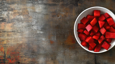 A white bowl filled with fresh watermelon cubes on a rustic wooden surface. This vibrant and juicy fruit is perfect for summer snacking or healthy desserts.の素材