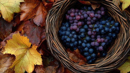 A delightful arrangement of fresh grapes in a rustic wicker basket, surrounded by autumn leaves, capturing the essence of seasonal harvest and natural beauty.の素材