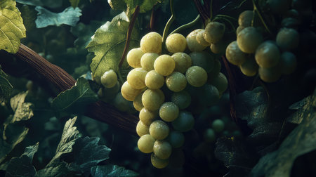 A beautiful close-up of fresh green grapes hanging on a vine, surrounded by lush leaves. The scene captures the essence of natureの素材