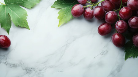 A beautiful arrangement of fresh red grapes with green leaves on a sleek marble surface, perfect for food styling, culinary presentations, and healthy lifestyle themes.の素材
