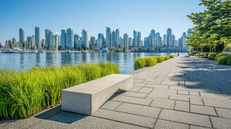 A tranquil urban waterfront scene featuring a modern skyline, lush green grass, and a solitary bench along a paved walkway, perfect for leisure activities.の素材