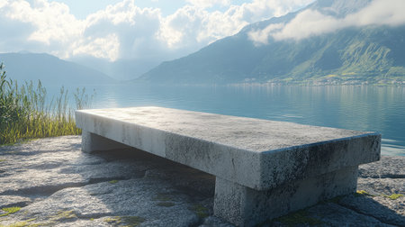 A solitary concrete bench sits near a serene lake, surrounded by mountains and reflecting clouds. This tranquil setting invites relaxation and contemplation.の素材