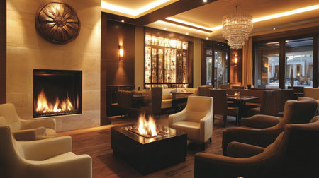 Experience the inviting atmosphere of a modern lounge featuring a cozy fireplace, stylish furniture, and elegant decor, perfect for relaxation and gatherings.の素材