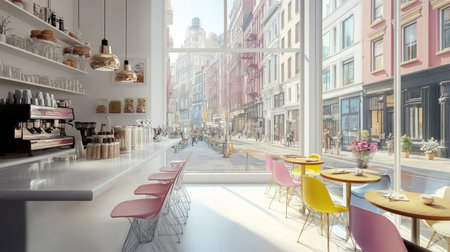 Modern cafe interior basking in sunlight, featuring stylish furniture and a lively street view, creating a cozy and inviting atmosphere for visitors.の素材
