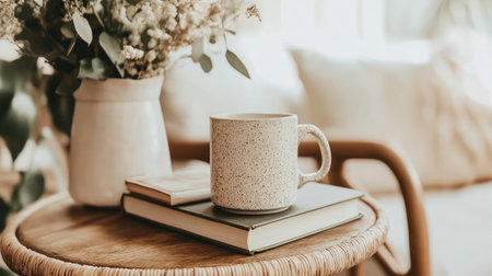 A cozy indoor scene featuring a speckled coffee mug resting on books beside a vase of flowers. The warm ambiance invites relaxation and comfort.の素材