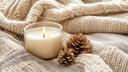 A warm and inviting scene featuring a candle on a cozy knit blanket accompanied by pine cones, perfect for creating a relaxing and serene atmosphere.の素材