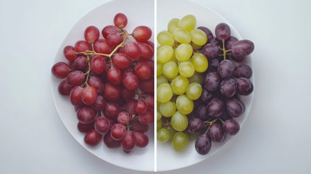 A visually appealing plate featuring red, green, and purple grapes arranged neatly in two halves. Perfect for promoting healthy eating and fresh produce.の素材