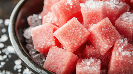 Enjoy a vibrant display of fresh watermelon cubes lightly sprinkled with sea salt, served on a bed of ice. Perfect for summer snacking.の素材