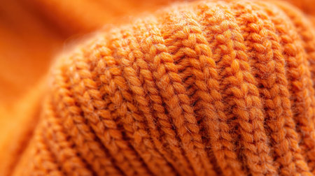 Close-up image showcasing a warm orange knit fabric with rich texture and fine details. Perfect for highlighting cozy fashion or textile design.の素材