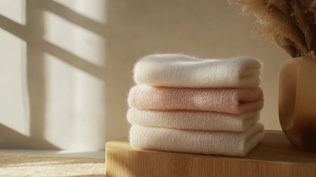A serene arrangement of soft, cozy blankets stacked neatly on a wooden surface, illuminated by gentle sunlight, creating a peaceful and inviting atmosphere.の素材