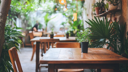 A peaceful indoor dining area featuring wooden tables and chairs surrounded by lush greenery. Perfect for enjoying meals in a serene atmosphere.の素材