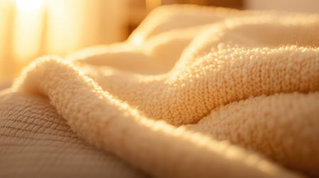 A close-up view of a soft cream blanket draped gracefully, illuminated by warm morning light, creating a cozy and inviting atmosphere ideal for relaxation.の素材