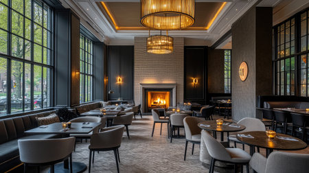 A modern dining space featuring elegant lighting and a cozy fireplace. The stylish interior combines comfort and luxury, perfect for a gourmet experience.の素材